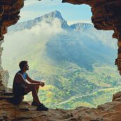 Un hombre se sienta en una cueva, contemplando un paisaje montañoso enmarcado por rocas, con una luz tenue y nubes a lo lejos.